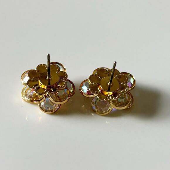Vintage Austrian Crystal Floral Cluster Earrings Gold Tone Aurora Borealis - Picture 6 of 10